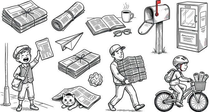 Newspaper Delivery Boy Set with Mailbox Bicycle and Newsstand Hand Drawn Vector Illustration