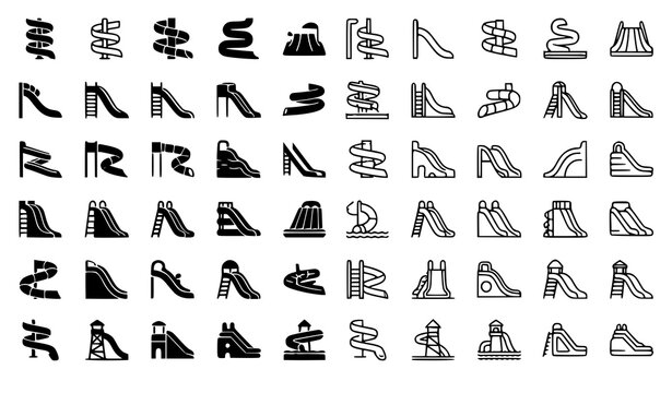 Water Slide Vector Icon Set with Aquatic Park Attraction Solid and Outline Symbols