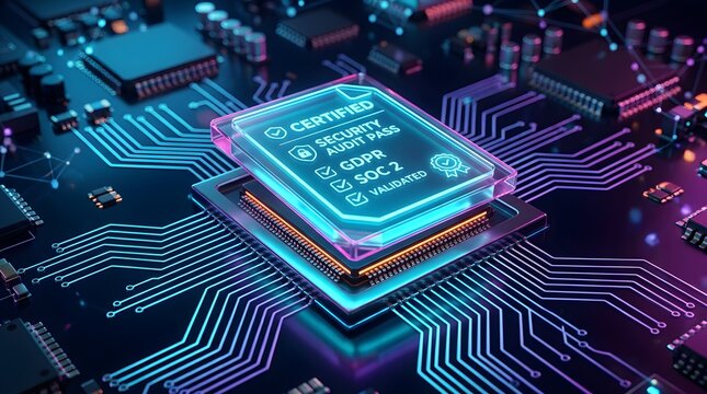 Secure digital certification for data protection and privacy, validating compliance with GDPR, SOC 2, and security audit on a circuit board.