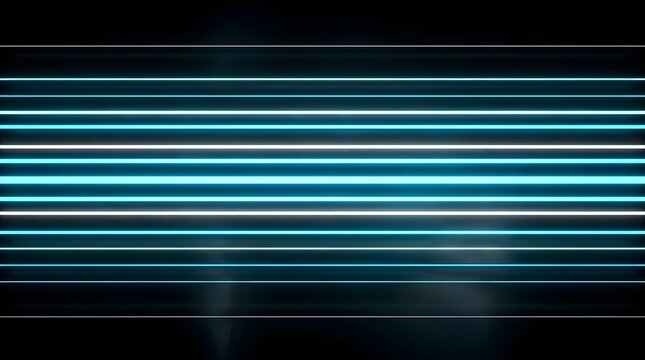 Abstract background with glowing blue horizontal neon light lines on dark black surface