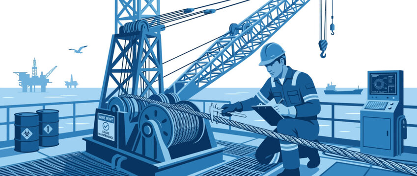 Offshore worker inspects crane cable on rig platform, oil rigs and ship in background