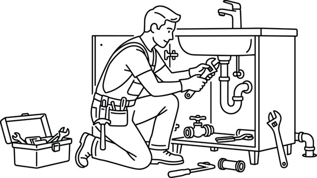 Plumbing Service Technician Repairing Bathroom Washbasin Drain Pipe Line Art Vector Illustration for Professional Handyman Business Advertisements