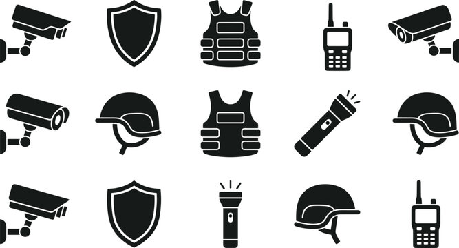 Security and Law Enforcement Icon Set Featuring Black Silhouettes of Surveillance Cameras Bulletproof Vests and Protective Helmets