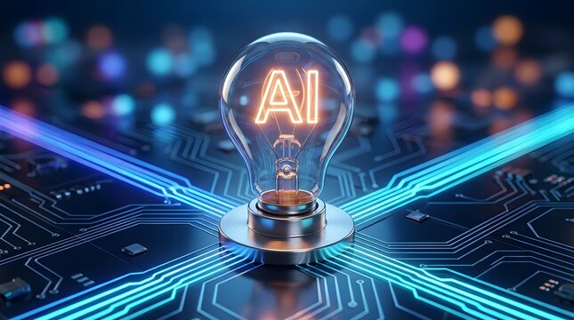 Sparking the future: glowing AI symbol within a light bulb on a futuristic circuit board, illustrating technological innovation and bright ideas.