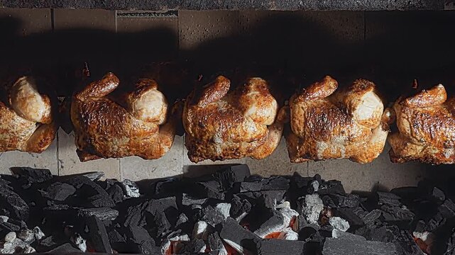 Rows of Authentic Peruvian Rotisserie Chicken Roasting on a Spit