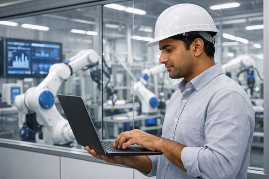 Engineer with laptop overseeing robotic automation in modern factory. Ai generative
