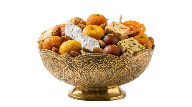 Traditional indian sweets in a brass bowl isolated on transparent background