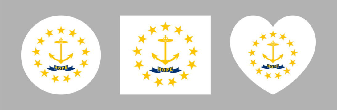 Rhode Island flag heart, circular, square sticker set. Rhode Island State flag circle, rectangle, heart shaped button, icon. Flag of Rhode Island round, rectangular banner, background.