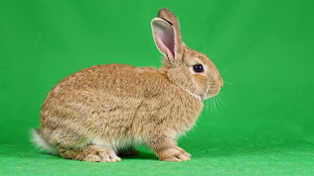 Cute brown rabbit sitting on a green screen background.