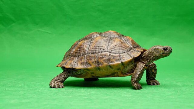 A small tortoise walking slowly on a bright green background.