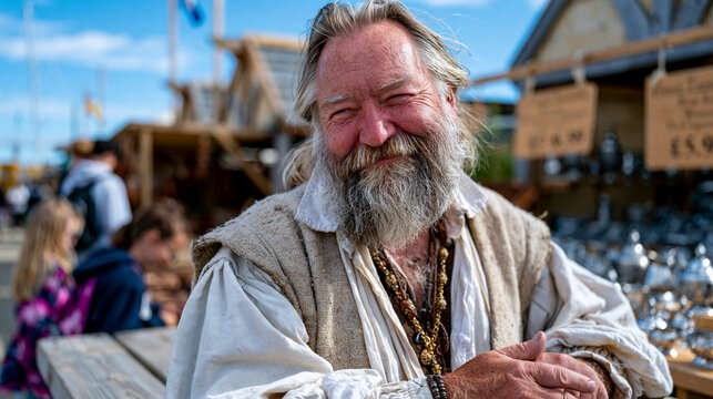 Living history market reenactor in authentic Tudor merchant costume haggling with visitor over replica pewterware at open-air heritage fair, timber-framed market stalls behind him, hand-lettered pri