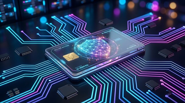 Advanced cybersecurity concept with a verified digital ID card and glowing network shield on a high-tech circuit.