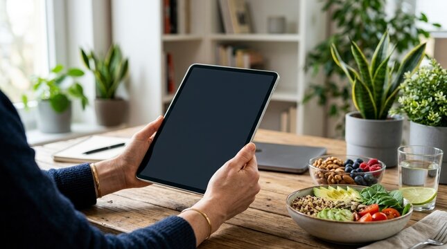 Hands holding blank tablet over a wooden table with healthy food. Mockup screen for digital wellness and nutrition app. Person with quinoa salad bowl and fresh berries