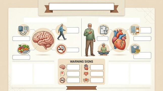Medical poster on stroke and heart disease risk factors. Educational infographic template with brain and heart diagrams and blank labels