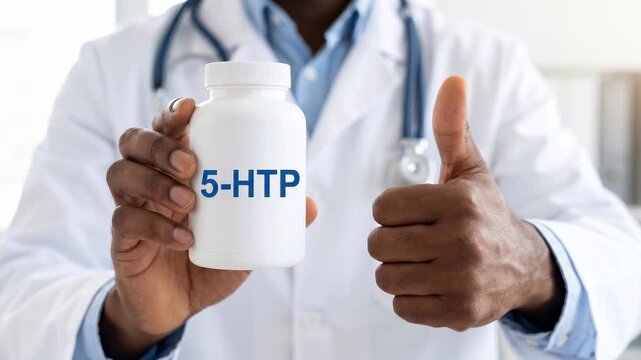 African American doctor in a white coat with a stethoscope holding white bottle of 5-HTP supplement, giving thumbs up and pointing finger. Mood support, serotonin boost, better sleep, mental wellness