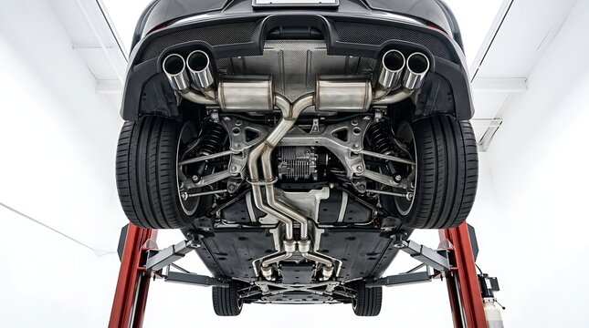 Modern Sports Car Chassis and Underbody Exhaust System on Hydraulic Lift