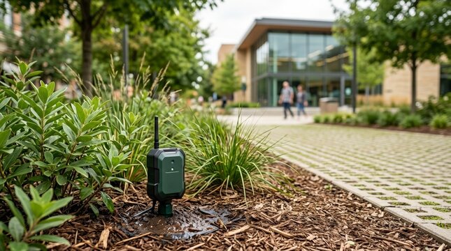 Smart irrigation sensor in wet soil of urban garden. Wireless moisture monitoring device in modern campus landscaping