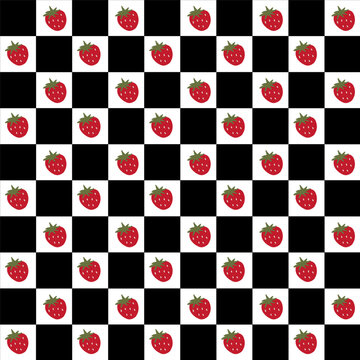 Cute Seamless Strawberry Checkerboard Pattern on Black and White Background