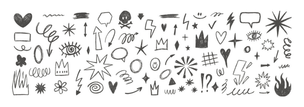 Hand-drawn lightning bolts, fire flames, hearts, and skulls in crayon style. Urban graffiti stickers with Y2K emo aesthetic, thunder elements with crayon texture.