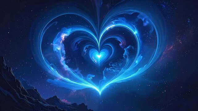 A glowing blue heart shape formed by swirling cosmic energy in deep space
