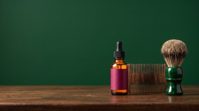 Beard grooming products display with oil, comb, and brush on wood  