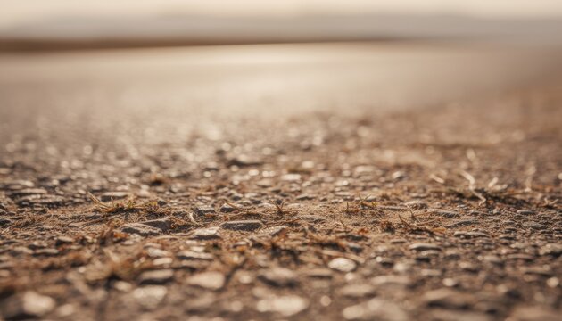Hot asphalt road surface with heat shimmer and optical distortion, tactile pavement texture with dry grass and copy space for climate and summer themes