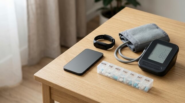 High angle view of a smartphone, fitness tracker, blood pressure monitor, and pill organizer on a wooden table. Daily health management concept