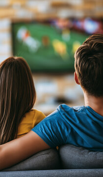 Young couple watching football match on television at home sitting on couch close up back view with man arm around woman shoulder.