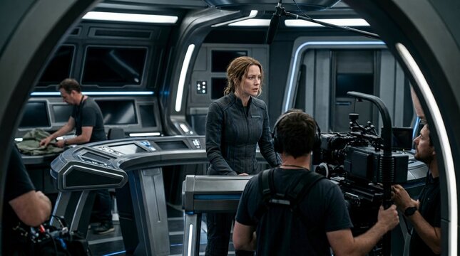 Actress in uniform filming a sci-fi movie scene on a futuristic spaceship bridge. Film crew recording a woman at a command center console. Behind the scenes of a science fiction television production