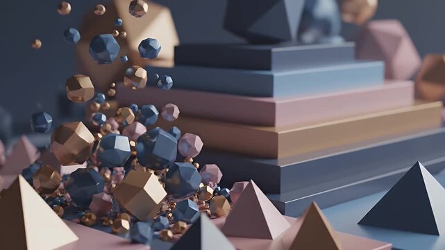Abstract 3D Geometric Composition Featuring Floating Metallic Polygons and Layered Architectural Platforms in Muted Pastel Tones