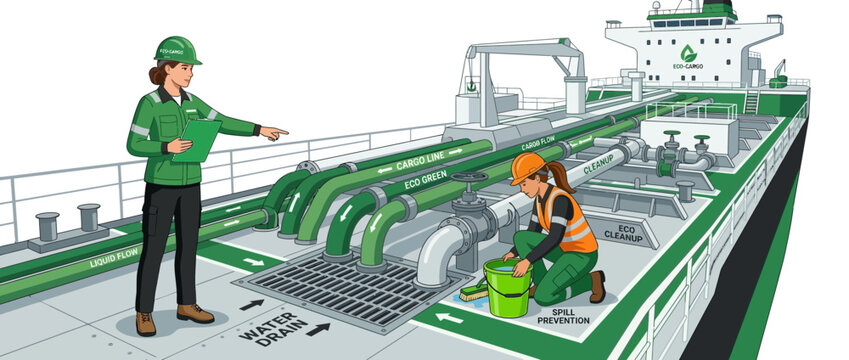Marine Crew Inspecting Ship Deck and Pipelines, Industrial Safety, Maritime Operations