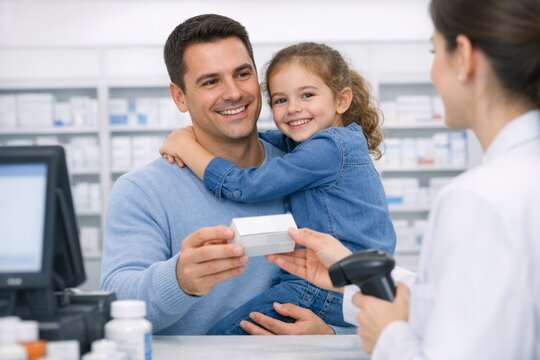Smiling man with child receiving medicine at pharmacy counter. Ai generative