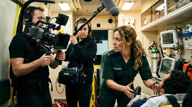 Actress in a paramedic uniform treating a patient on an ambulance set. Behind the scenes of a medical drama television production with camera crew
