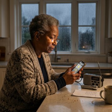 An older person checking a phone weather alert in a dim kitchen during a storm for emergency preparedness and safety concepts