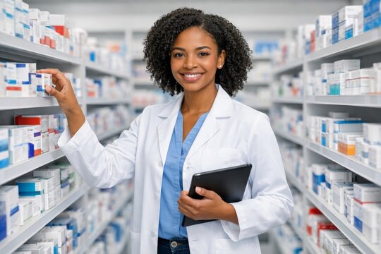 Smiling pharmacist in modern pharmacy aisle holding tablet. Ai generative
