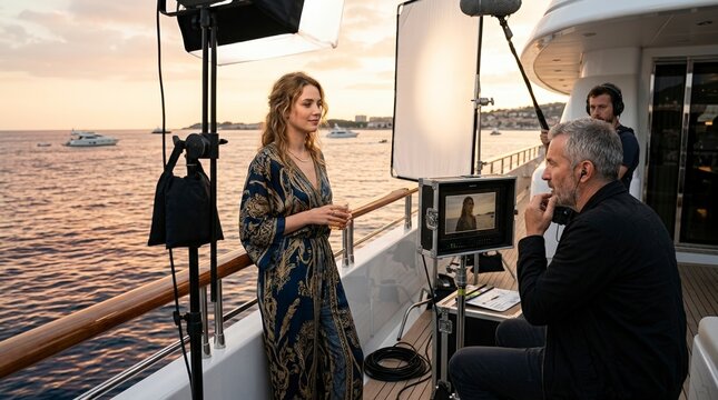 Actress performing on a luxury yacht at sunset during a film shoot. Director watching the scene on a monitor behind the scenes