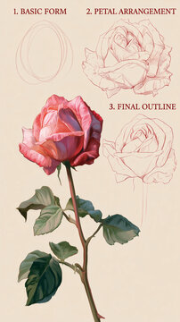 Step by step drawing tutorial showing how to sketch rose flower with detailed petal structure and final outline on cream background.