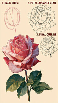 Step by step drawing tutorial showing how to sketch rose flower with detailed petal structure and final outline on cream background.