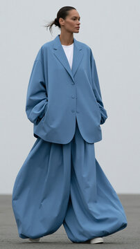 Person Standing Outdoors in Oversized Light Blue Suit with Wide Leg Pants and Minimalist Style