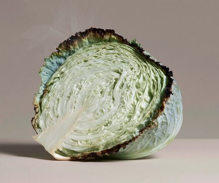 Charred roasted cabbage wedge with steam rising from tender inner leaves for healthy dining and culinary blog content