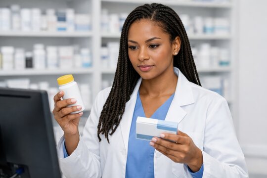 Pharmacist reviewing medication bottles in modern pharmacy. Ai generative