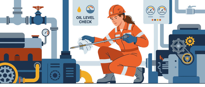 Female mechanic in orange uniform checks engine oil level with dipstick and cloth in industrial setting.