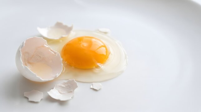 Raw egg yolk and broken white shell on bright minimalist surface
