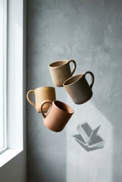 Four floating ceramic mugs in warm clay tones levitating against a minimalist grey plaster wall for a coffee mockup or home decor catalog