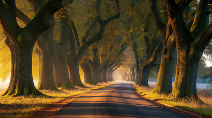 Obraz premium Tree-lined road, golden hour, autumnal atmosphere, shaded pathway, large tree trunks, grassy verge trees