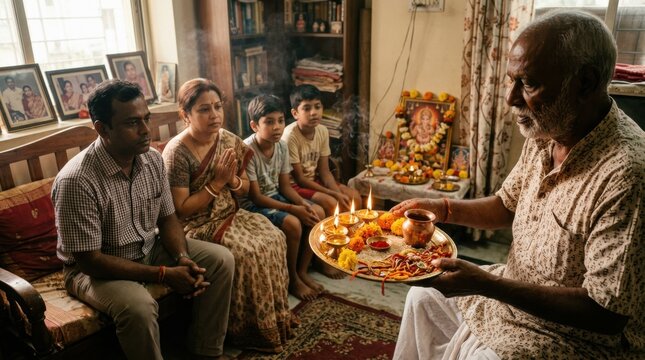 An elderly man performs a traditional aarti ceremony with a brass puja thali for a family gathering, capturing a spiritual moment of devotion