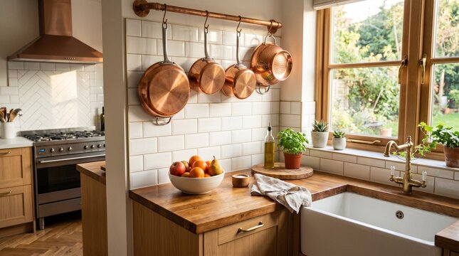Modern rustic kitchen interior with hanging copper cookware and fruit