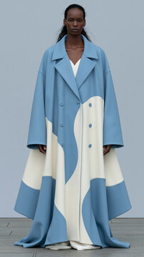 Person in Oversized Blue Coat with White Fur Trim Walking on Urban Pavement