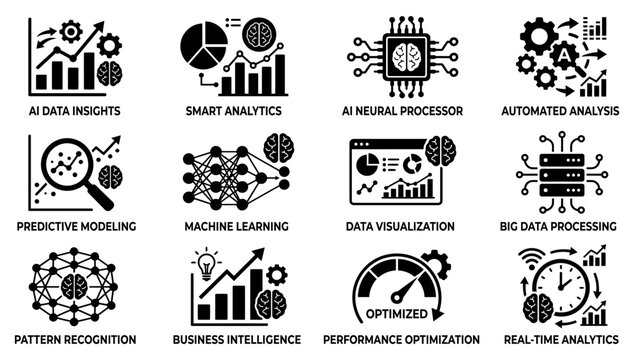 Artificial intelligence data analysis icons collection machine learning predictive modeling and business intelligence concepts