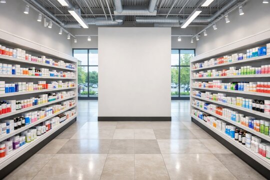 Pharmacy aisle with shelves full of assorted drugs and supplies. Ai generative